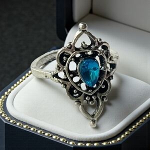 BLUE TOURMALINE  OVAL POLISHED STONE NEW TITANIUM SILVER SIZE 6 VICTORIAN RING